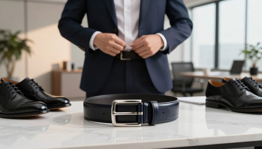 A stylish, professional belt showcased in an office setting. In the foreground, a sleek leather belt with a polished silver buckle rests elegantly on a marble desktop, surrounded by a pair of smart, polished dress shoes. In the middle ground, a well-dressed businessperson adjusts their tailored blazer, wearing a crisp white shirt that complements the sophisticated belt. Soft, warm lighting filters through large windows, casting gentle shadows that enhance the depth of the scene. The background features a modern office space with minimalistic decor, including a potted plant and a neatly organized desk. The mood is polished and professional, suggesting confidence and style in a formal business environment.
