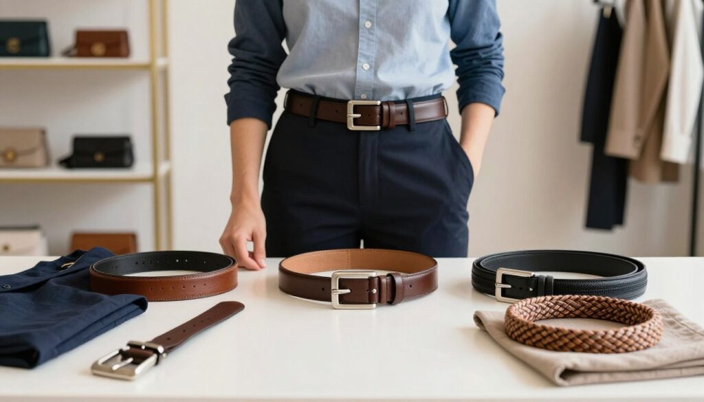 A stylish, professional scene showcasing various belt styling tips for a cohesive look. In the foreground, display a beautifully organized flat lay of different belts, including leather, fabric, and woven options, all artfully arranged next to stylish outfits. In the middle ground, include a well-dressed individual wearing a smart-casual outfit, featuring a visible belt that complements the ensemble. This subject should exude confidence and sophistication, perhaps posing in a bright, airy wardrobe space or boutique. The background should be softly blurred to emphasize the belt styling, with elegant clothing racks or shelves filled with accessories. Use natural lighting that enhances textures and colors, creating an inviting and informative atmosphere. The image captures the essence of expert belt styling while remaining professional and visually engaging.