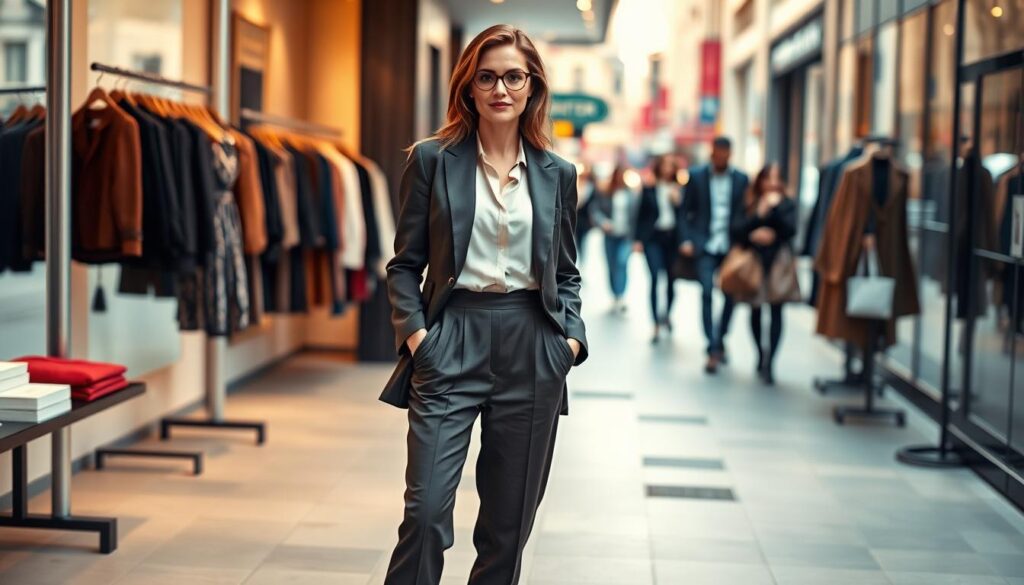 A stylish, professional woman stands confidently at the forefront, layered elegantly in a mix of textures and colors, showcasing innovative styling tricks. She wears a tailored blazer over a soft blouse, paired with high-waisted trousers and ankle boots, reflecting versatility for various occasions. The middle ground features a chic boutique with clothing racks and mirrors, softly lit with natural light filtering through large windows, creating a warm ambiance. In the background, a city street hints at bustling urban life, with stylish pedestrians and storefronts blurred to emphasize the focus on the subject. The overall mood is empowering and sophisticated, capturing the essence of modern fashion mastery in a polished and vibrant atmosphere. A stylish, professional woman stands confidently at the forefront, layered elegantly in a mix of textures and colors, showcasing innovative styling tricks. She wears a tailored blazer over a soft blouse, paired with high-waisted trousers and ankle boots, reflecting versatility for various occasions. The middle ground features a chic boutique with clothing racks and mirrors, softly lit with natural light filtering through large windows, creating a warm ambiance. In the background, a city street hints at bustling urban life, with stylish pedestrians and storefronts blurred to emphasize the focus on the subject. The overall mood is empowering and sophisticated, capturing the essence of modern fashion mastery in a polished and vibrant atmosphere.