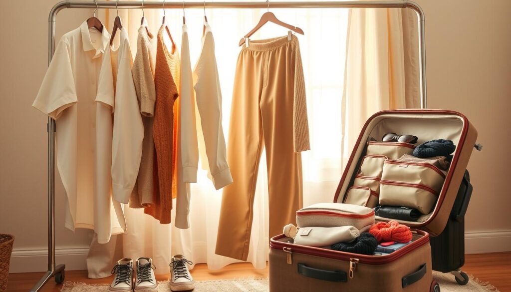 A stylish rack displaying a variety of seasonal travel clothing items for warm and cool weather. In the foreground, neatly folded lightweight cotton shirts, a cozy merino wool sweater, and versatile trousers hang from the rack in soft, inviting colors. A pair of comfortable walking shoes is placed at the bottom, complementing the outfits. In the middle ground, a soft fabric suitcase is partially open, showcasing packing cubes filled with accessories. The background features a sunlit window with sheer curtains, casting a warm glow across the scene, evoking a sense of wanderlust. The overall atmosphere should feel organized, inviting, and inspiring for travelers looking to create an efficient capsule wardrobe. Use natural lighting to enhance the cozy vibe.