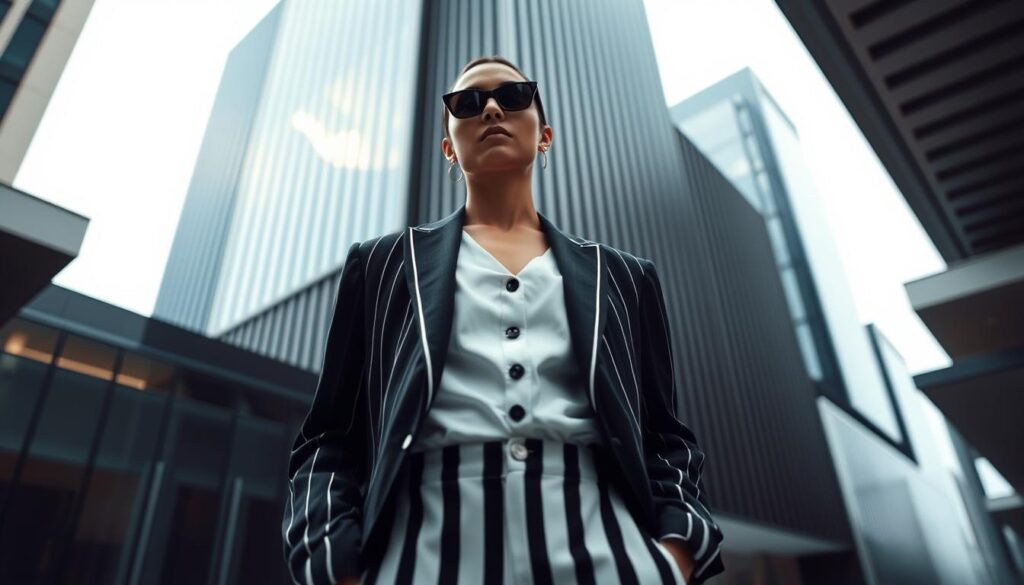 A stylish scene featuring a person standing confidently in a well-lit urban environment, dressed in a tailored monochrome outfit with striking vertical lines. The foreground captures the subject, dressed in a sleek black and white suit, with sharp lines accentuating their height and slimness. The middle ground includes a backdrop of modern architecture, featuring vertical elements like tall windows and sleek facades, enhancing the elegant vibe. Soft, diffused natural light casts gentle shadows, creating a clean and sophisticated atmosphere. The angle is slightly below eye level, elevating the subject's stature. The overall mood is empowering and chic, reflecting the theme of confidence through fashion. No texts or distractions are present; the focus is solely on the stylish presentation of vertical lines and monochrome harmony.