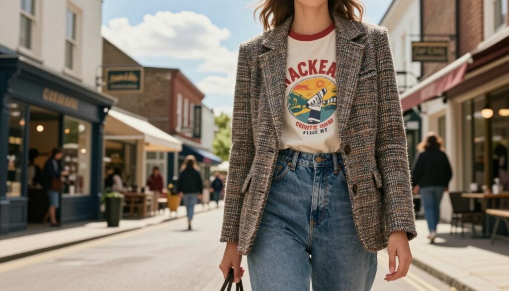 A stylish scene showcasing a person dressed in a harmonious blend of vintage and modern clothing. The foreground features a young adult wearing a tailored tweed blazer paired with high-waisted jeans and a retro graphic tee, exuding a confident yet casual vibe. In the middle, a bustling urban street with fashionable boutiques and vintage shops adds context, while quaint vintage café signs subtly enhance the aesthetic. The background displays a bright, sunny day with a few fluffy clouds and passerby silhouettes, suggesting a lively atmosphere. Soft, natural lighting bathes the scene, creating a warm, inviting mood. Captured from a slightly elevated angle, the image emphasizes the unique style fusion, inviting viewers to explore their own vintage-modern combinations.