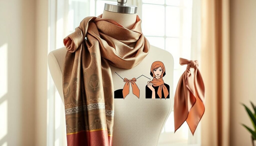A stylish silk scarf elegantly draped on a neutral-toned mannequin, showcasing various tying techniques. The foreground highlights detailed close-ups of the scarf's intricate patterns and textures, emphasizing its luxurious sheen. The middle layer features an array of scarf styles tied in different ways, such as the classic loop, the trendy headscarf, and the chic bow, each distinct while maintaining cohesion. In the background, soft natural light filters through a window, casting gentle shadows and creating a warm, inviting atmosphere. The overall mood is elegant and instructional, designed to inspire creativity in scarf styling. The image should be well-composed, focusing on the scarf without any additional elements like text or distractions. A stylish silk scarf elegantly draped on a neutral-toned mannequin, showcasing various tying techniques. The foreground highlights detailed close-ups of the scarf's intricate patterns and textures, emphasizing its luxurious sheen. The middle layer features an array of scarf styles tied in different ways, such as the classic loop, the trendy headscarf, and the chic bow, each distinct while maintaining cohesion. In the background, soft natural light filters through a window, casting gentle shadows and creating a warm, inviting atmosphere. The overall mood is elegant and instructional, designed to inspire creativity in scarf styling. The image should be well-composed, focusing on the scarf without any additional elements like text or distractions.