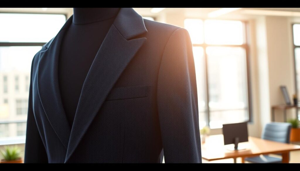 A stylish, tailored blazer displayed prominently in the foreground, showcasing a rich, textured fabric with a close-up view of the stitching and lapel details. The blazer is a deep navy blue with a subtle herringbone pattern, elegantly draped on a mannequin. In the middle ground, a soft-focus background features a well-appointed office setting, complete with a sleek desk and natural light streaming through large windows, creating a warm and inviting atmosphere. The lighting is bright yet gentle, highlighting the blazer's fabric and cut while casting soft shadows. This image conveys professionalism and sophistication, ideal for illustrating the importance of fit and fabric in a work wardrobe.