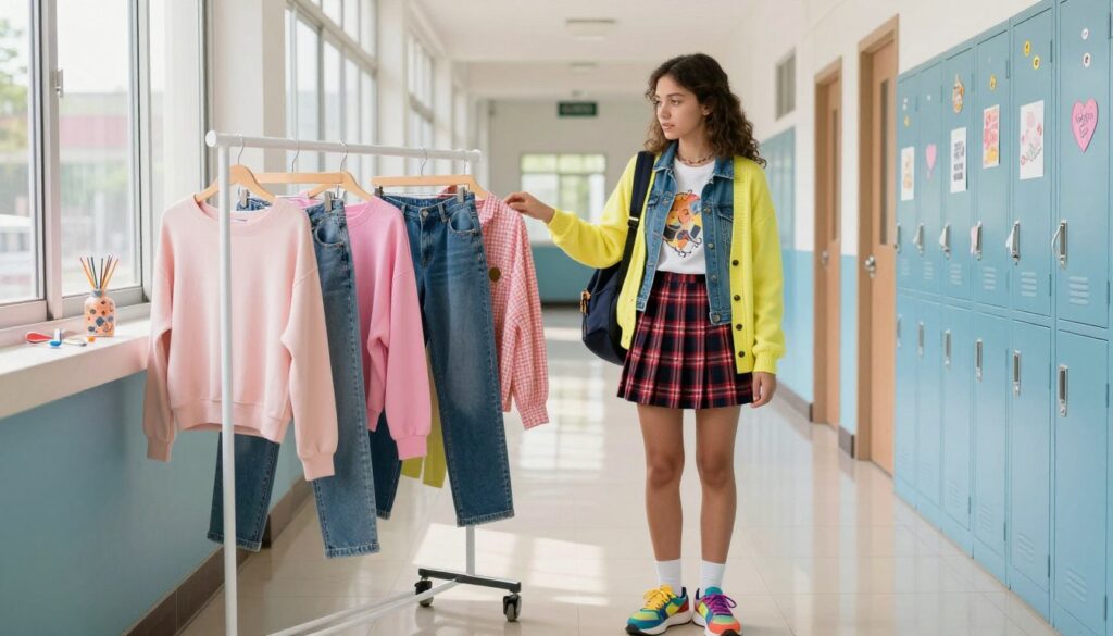 A stylish teenage girl in a well-lit, colorful school hallway, showcasing a variety of mix-and-match outfits. In the foreground, she is trying on different clothing combinations: a plaid skirt paired with a graphic tee and denim jacket, layered with a bright cardigan. Her accessories include a trendy backpack and colorful sneakers, adding flair to her look. The middle ground features various outfit options neatly displayed on a clothing rack, spotlighting pastel tops, stylish jeans, and playful accessories. The background shows lockers decorated with stickers and motivational posters, creating a vibrant school atmosphere. Natural daylight filters in through large windows, enhancing the mood of enthusiasm and creativity, while a soft focus lens captures the excitement of back-to-school fashion.