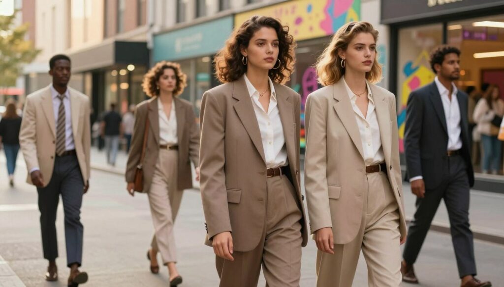 A stylish urban scene featuring a diverse group of well-dressed individuals exuding sophistication with 90s-inspired blazers and suits. In the foreground, a confident male and female model stand side by side, both dressed in tailored blazers with sharp lapels and high-waisted trousers, showcasing a modern twist on classic styles. They wear neutral tones with bold accessories. In the middle ground, additional figures in similar attire walk by, creating a dynamic sense of movement. The background features a vibrant cityscape with fashionable storefronts and 90s-inspired pop art murals. The lighting is soft, reminiscent of golden hour, enhancing the warmth and liveliness of the scene. This image embodies confidence, style, and the essence of 90s fashion revival.
