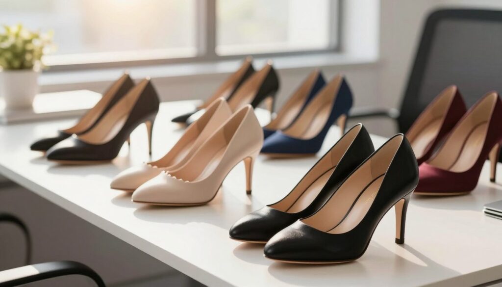 A stylish, well-organized display of several pairs of elegant high heels designed for work, arranged on a sleek, modern office desk. The foreground features a pair of black leather pumps with a classic silhouette and soft cushioned insoles, side by side with beige ankle strap heels with a subtle scalloped design. The middle ground showcases additional pairs in various colors, such as navy and burgundy, all embodying aesthetic professionalism. The background includes a blurred office setting with sunlight streaming through large windows, casting a warm glow on the shoes. The atmosphere is clean, sophisticated, and inviting, suggesting comfort without sacrificing style. The image is captured with a shallow depth of field, emphasizing the footwear while softening the surrounding environment, creating a polished and focused composition. A stylish, well-organized display of several pairs of elegant high heels designed for work, arranged on a sleek, modern office desk. The foreground features a pair of black leather pumps with a classic silhouette and soft cushioned insoles, side by side with beige ankle strap heels with a subtle scalloped design. The middle ground showcases additional pairs in various colors, such as navy and burgundy, all embodying aesthetic professionalism. The background includes a blurred office setting with sunlight streaming through large windows, casting a warm glow on the shoes. The atmosphere is clean, sophisticated, and inviting, suggesting comfort without sacrificing style. The image is captured with a shallow depth of field, emphasizing the footwear while softening the surrounding environment, creating a polished and focused composition.