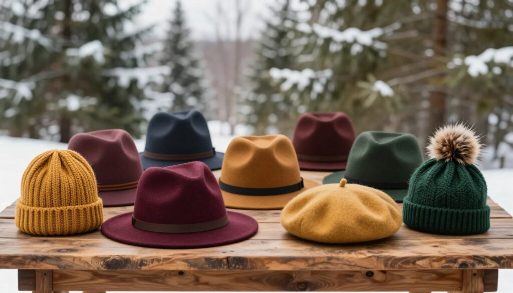 A stylish winter scene featuring a variety of fall and winter hat styles displayed on a rustic wooden table. In the foreground, nine hats including a cozy knit beanie, a classic felt fedora, a soft wool beret, and a trendy pom-pom cap, all showcasing rich autumn colors like burgundy, mustard, and forest green. The middle ground presents a faint backdrop of blurred pine trees dusted with snow, suggesting a crisp, cold atmosphere. Soft, natural lighting filters through an overcast sky, casting gentle shadows across the hats. The angle captures the texture and details of the hats, inviting the viewer to feel the warmth and comfort they provide during the chilly seasons. The mood is cozy, inviting, and perfect for a seasonal fashion guide.