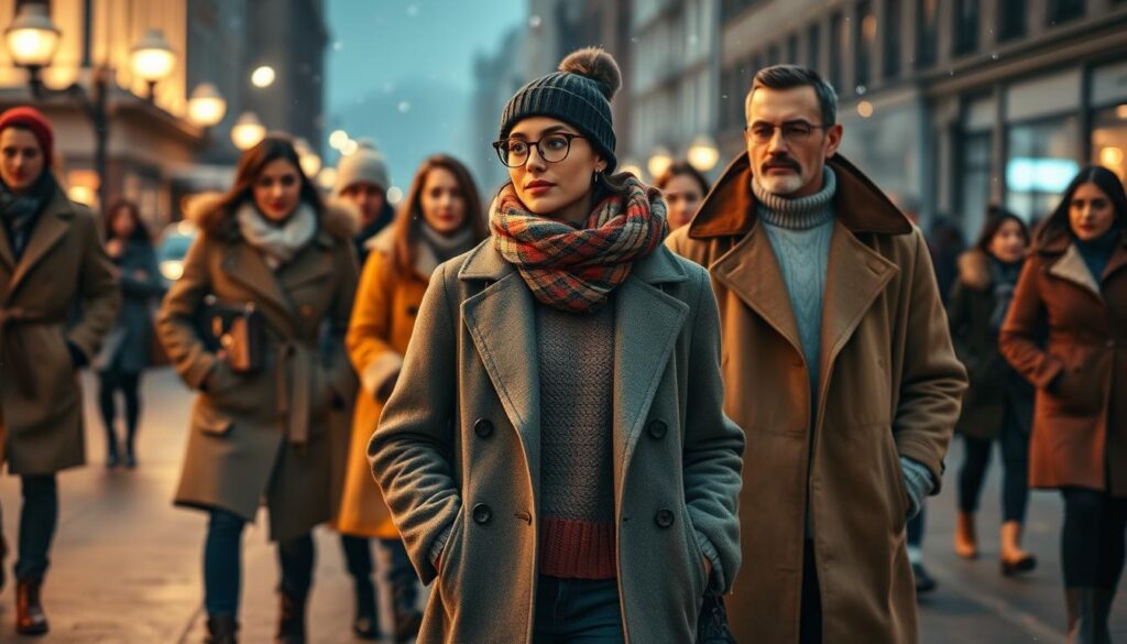 A stylish winter street scene showcasing a diverse group of people expertly layered in fashionable winter clothing. In the foreground, a young woman in a chic oversized coat layered over a cozy knit sweater, paired with a vibrant scarf and sleek ankle boots. Beside her, a man in a tailored wool blend jacket layered over a warm turtleneck, complemented by a beanie and designer gloves. In the middle, additional individuals wearing various winter ensembles, including trench coats and parkas, showcasing unique textures and colors, like earthy tones and bright accents. The background features a softly blurred cityscape with gently falling snowflakes and warm ambient street lighting, creating a cozy and inviting atmosphere. The scene is captured with a 50mm lens in warm lighting to highlight the textures and details of the layering. A stylish winter street scene showcasing a diverse group of people expertly layered in fashionable winter clothing. In the foreground, a young woman in a chic oversized coat layered over a cozy knit sweater, paired with a vibrant scarf and sleek ankle boots. Beside her, a man in a tailored wool blend jacket layered over a warm turtleneck, complemented by a beanie and designer gloves. In the middle, additional individuals wearing various winter ensembles, including trench coats and parkas, showcasing unique textures and colors, like earthy tones and bright accents. The background features a softly blurred cityscape with gently falling snowflakes and warm ambient street lighting, creating a cozy and inviting atmosphere. The scene is captured with a 50mm lens in warm lighting to highlight the textures and details of the layering.