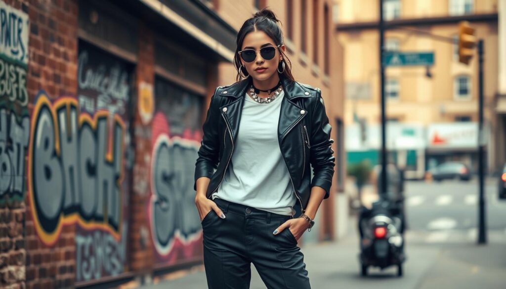 A stylish woman confidently poses in the foreground, showcasing a balanced edgy street style. She wears a black leather jacket layered over a classic white tee, paired with tailored high-waisted pants and ankle boots. Her accessories include a chunky choker and statement earrings, creating a look that is striking yet not overpowering. The background features an urban setting with graffiti art on brick walls and a slightly blurred street scene, enhancing the edgy vibe. The scene is lit with soft, natural daylight, capturing a warm yet vibrant atmosphere. The image is shot from a three-quarter angle to emphasize her outfit while including ambient city life, conveying the essence of "edgy without overdoing it." A stylish woman confidently poses in the foreground, showcasing a balanced edgy street style. She wears a black leather jacket layered over a classic white tee, paired with tailored high-waisted pants and ankle boots. Her accessories include a chunky choker and statement earrings, creating a look that is striking yet not overpowering. The background features an urban setting with graffiti art on brick walls and a slightly blurred street scene, enhancing the edgy vibe. The scene is lit with soft, natural daylight, capturing a warm yet vibrant atmosphere. The image is shot from a three-quarter angle to emphasize her outfit while including ambient city life, conveying the essence of "edgy without overdoing it."