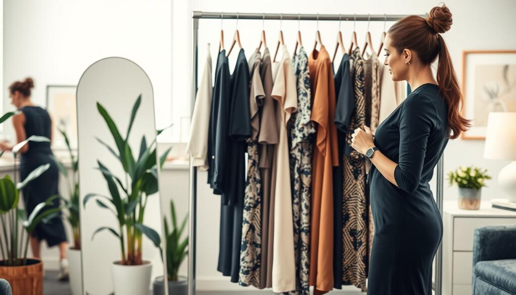 A stylish woman in a chic office setting, thoughtfully selecting an elegant work dress from a well-organized clothing rack filled with various office-appropriate attire. In the foreground, the woman, dressed in smart casual business attire, stands contemplating her options. The middle ground features a softly lit dressing area with a full-length mirror reflecting the array of dresses, showcasing fabric textures and patterns. The backdrop includes a tastefully decorated office space with plants and art, creating a warm, welcoming atmosphere. The lighting is bright yet soft, emulating a cheerful daytime ambiance. The mood is focused yet relaxed, embodying confidence and style as she prepares to make the perfect choice for her workday.