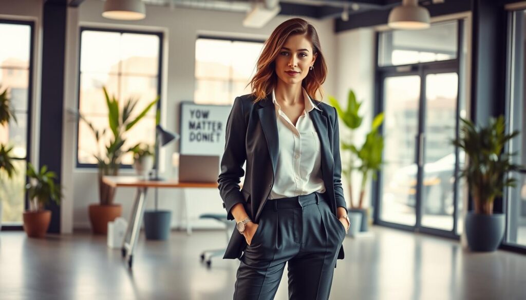 A stylish woman in a modern office setting showcasing business casual outfits, displaying a mix of professional and relaxed elements. In the foreground, she wears tailored trousers paired with a chic blouse and a blazer, accessorized with a minimalist watch and elegant flats. Her hair is neatly styled, and she exudes confidence. In the middle, a stylish desk with motivational decor and a laptop, surrounded by greenery, enhancing the workspace vibe. The background features a well-lit, contemporary office space with large windows, allowing natural light to flood the scene. The atmosphere is vibrant yet professional, emphasizing a blend of comfort and sophistication. Soft ambient lighting creates a warm feel, captured from a slightly elevated angle to highlight the outfit and the environment.