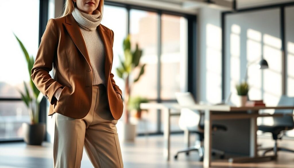 A stylish woman in a well-tailored blazer, showcasing seasonal work attire suitable for a professional environment. In the foreground, she stands confidently, her blazer layered over a light knit sweater, paired with tailored trousers and chic ankle boots. The blazer features subtle seasonal colors, like earth tones for fall, with a scarf adding a touch of warmth. In the middle ground, softly blurred office elements like plants and a sleek desk create a contemporary workspace atmosphere. The background shows a large window with natural light streaming in, casting gentle shadows to enhance the mood. The overall ambiance is sophisticated yet approachable, perfect for a professional setting that celebrates seasonal transitions.