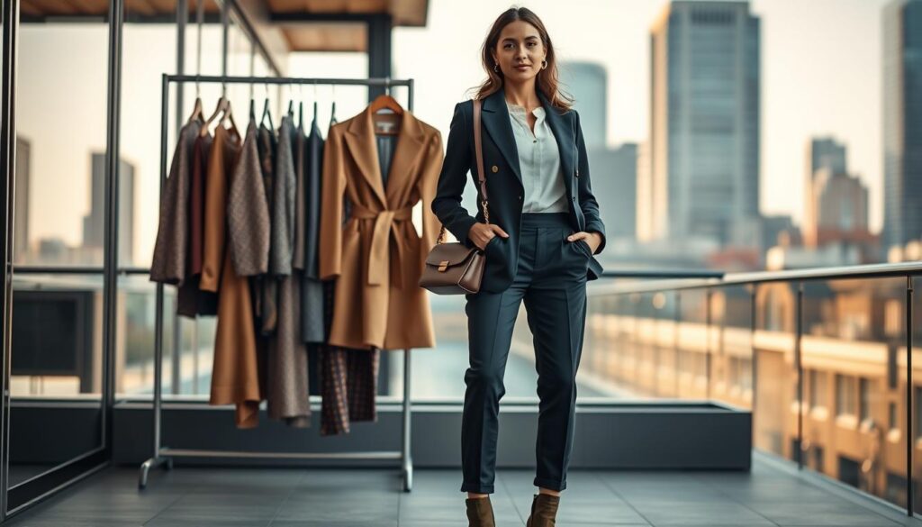 A stylish woman stands confidently in a chic urban environment, showcasing expertly balanced outfit pairings. In the foreground, she wears a tailored blazer over a fitted blouse paired with high-waisted trousers, complemented by ankle boots, creating an elegant yet modern silhouette. Her accessories include a structured handbag and minimalist jewelry. In the middle ground, display a fashion-forward selection of outfits hanging on a rack, featuring varying textures, colors, and patterns that harmonize together—think earthy tones mixed with pops of bold colors. The background features a softly blurred cityscape, bathed in warm, natural lighting that creates an inviting atmosphere. Capture the scene from a slightly low angle, emphasizing the subject's poise and the layered styling, evoking a sense of confidence and sophistication. A stylish woman stands confidently in a chic urban environment, showcasing expertly balanced outfit pairings. In the foreground, she wears a tailored blazer over a fitted blouse paired with high-waisted trousers, complemented by ankle boots, creating an elegant yet modern silhouette. Her accessories include a structured handbag and minimalist jewelry. In the middle ground, display a fashion-forward selection of outfits hanging on a rack, featuring varying textures, colors, and patterns that harmonize together—think earthy tones mixed with pops of bold colors. The background features a softly blurred cityscape, bathed in warm, natural lighting that creates an inviting atmosphere. Capture the scene from a slightly low angle, emphasizing the subject's poise and the layered styling, evoking a sense of confidence and sophistication.