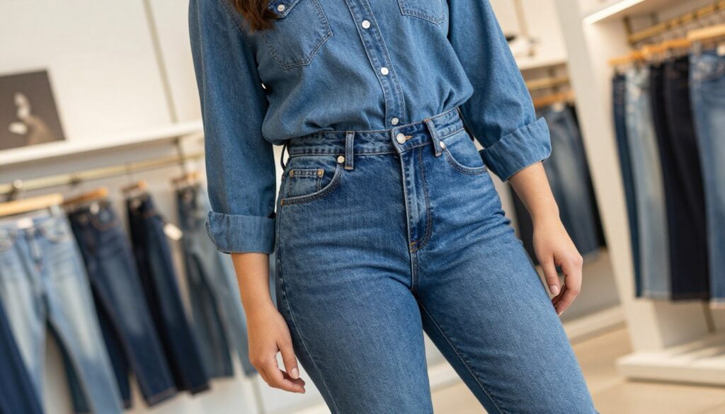 A stylish woman with a curvy figure confidently poses in a trendy denim look that flatters her silhouette. She wears a medium-wash high-waisted pair of jeans that emphasize her curves, paired with a tucked-in casual blouse for a polished yet comfortable appearance. The scene is set in a bright, modern boutique, with soft, natural lighting creating a warm and inviting atmosphere. In the background, shelves lined with various denim styles subtly blur, showcasing a collection of jeans in different colors. The composition captures the woman from a slightly elevated angle, giving a flattering perspective and enhancing the visual appeal, while a soft focus highlights her outfit. The mood conveys confidence and style, perfect for showcasing flattering denim for curvy figures.