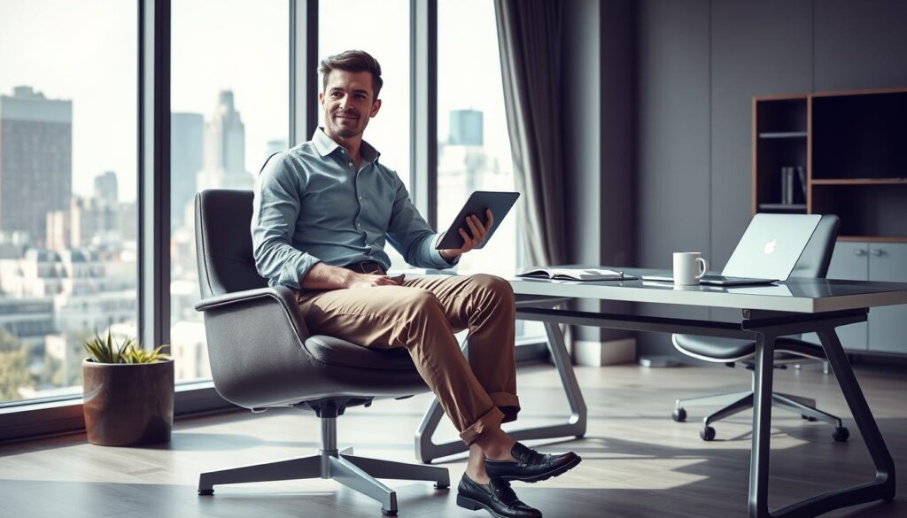 A stylish workspace blending comfort and elegance, showcasing a man dressed in a smart-casual outfit that transitions seamlessly from work to play. In the foreground, the man is seated on a modern chair, wearing tailored chinos and a fitted, casual shirt with rolled-up sleeves, projecting a relaxed yet refined vibe. His shoes are stylish loafers, suitable for both office meetings and outdoor activities. The middle layer features a sleek desk with a laptop, an open notebook, and a coffee mug, symbolizing productivity. In the background, large windows allow natural light to flood the space, highlighting a cityscape outside, suggesting a dynamic urban environment. The atmosphere is bright and inviting, emphasizing balance between comfort and style in both work and leisure.