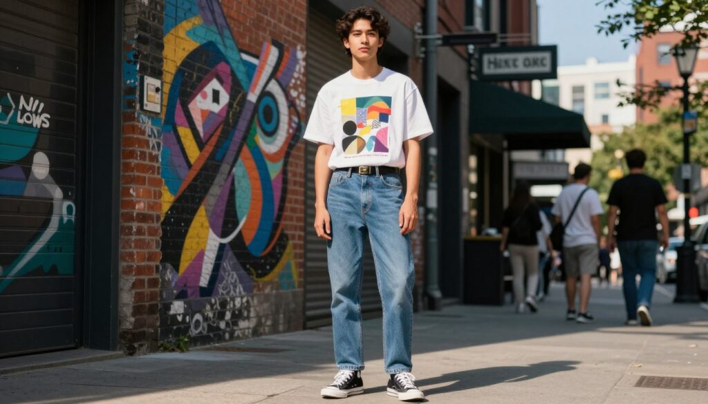 A stylish young adult stands confidently in a trendy urban environment, showcasing a balanced graphic tee outfit. The foreground features a well-fitted graphic tee with an abstract design, paired with high-waisted jeans and casual sneakers. The middle ground includes vibrant street art on a brick wall, adding an edgy vibe. Natural sunlight filters through, creating soft shadows that accentuate the outfit's details. In the background, blurred cityscape elements hint at a lively atmosphere, featuring people engaging in daily activities. The mood is relaxed yet fashionable, capturing the essence of how to expertly style graphic tees with modern flair. The angle is slightly low, giving a dynamic perspective to highlight the outfit.