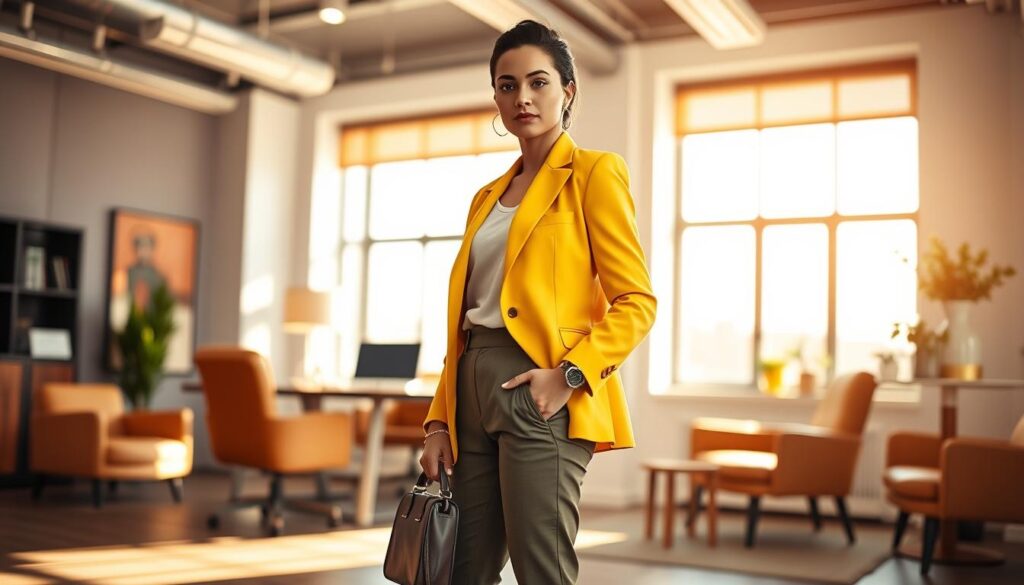 A stylish young woman confidently poses in a chic, modern office environment, showcasing a trendy blazer outfit that blends classic elegance with contemporary flair. She wears a tailored blazer in a vibrant color, paired with tailored trousers and sleek ankle boots. Accessorized with minimalist jewelry and a structured handbag, her look exemplifies personal style and professionalism. The background features a tastefully decorated office with large windows allowing warm, natural light to flood the space, creating a welcoming atmosphere. The composition highlights her from the waist up, with a shallow depth of field focusing on her outfit, capturing the essence of modern work attire. The overall mood is vibrant and inspiring, encouraging viewers to express their individual style through blazers.