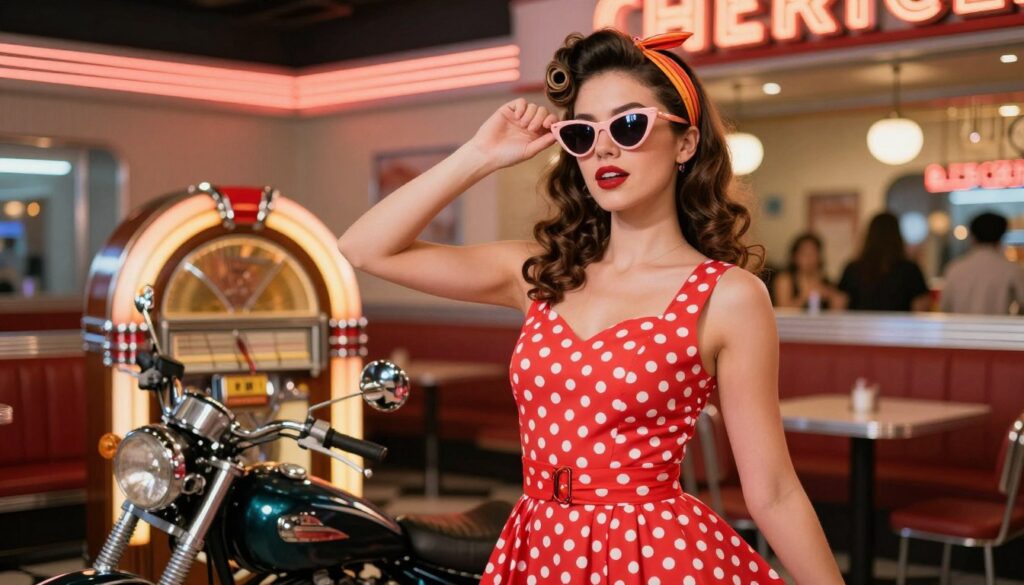 A stylish young woman embodies the fusion of retro pin-up and rockabilly fashion, standing confidently in the foreground. She sports a classic polka dot dress with a cinched waist, accessorized with a vibrant headband and bold cat-eye sunglasses. Her hairstyle features victory rolls, highlighting her playful yet edgy aesthetic. In the middle ground, a vintage jukebox and an old-school motorcycle add to the rockabilly vibe, while a backdrop of a lively diner envelops the scene with warm, inviting neon lights. The lighting is soft, casting a warm glow that enhances the colors of her outfit. The angle captures her from slightly below, emphasizing her confident stance. The mood is vibrant and nostalgic, blending the fun of pin-up style with the rebellious spirit of rockabilly culture. A stylish young woman embodies the fusion of retro pin-up and rockabilly fashion, standing confidently in the foreground. She sports a classic polka dot dress with a cinched waist, accessorized with a vibrant headband and bold cat-eye sunglasses. Her hairstyle features victory rolls, highlighting her playful yet edgy aesthetic. In the middle ground, a vintage jukebox and an old-school motorcycle add to the rockabilly vibe, while a backdrop of a lively diner envelops the scene with warm, inviting neon lights. The lighting is soft, casting a warm glow that enhances the colors of her outfit. The angle captures her from slightly below, emphasizing her confident stance. The mood is vibrant and nostalgic, blending the fun of pin-up style with the rebellious spirit of rockabilly culture.