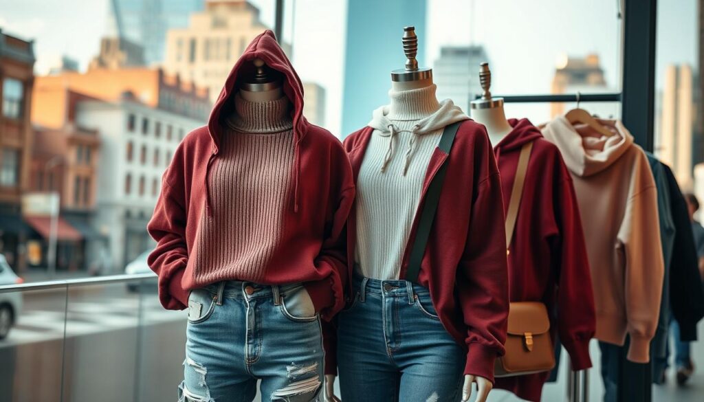 A stylishly layered outfit featuring diverse hoodie layering techniques, displayed on a mannequin in an urban setting. In the foreground, a oversized hoodie in a deep burgundy color is layered over a light, textured turtleneck, paired with distressed denim high-waisted jeans. The middle ground showcases additional hoodies in pastel shades, arranged artistically to emphasize texture and color variations, with accessories like a beanie and a crossbody bag placed nearby. In the background, an urban cityscape with soft, natural lighting creates a vibrant, cozy atmosphere. Use a slightly elevated angle to capture the layered outfit and textures effectively, showcasing a trendy, chic vibe suitable for casual outings.