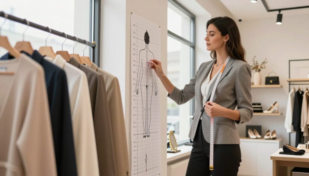 A tall, confident woman standing in a well-lit boutique, examining her measurements with a tailor's measuring tape. She is dressed in a stylish, professional outfit, showcasing modern fashion trends for tall women. In the foreground, a soft focus on stylish clothing draped on hangers, hinting at various proportions. The middle ground features a sleek measuring chart on the wall beside her, illustrating key body measurements with artistic marks. Bright, natural lighting filters through large windows, creating a warm and inviting atmosphere. The background includes neatly arranged fashion accessories, accentuating elegance. Capture this scene from a slightly low angle to emphasize height, focusing on the woman's engaged expression and the art of understanding proportions in fashion.