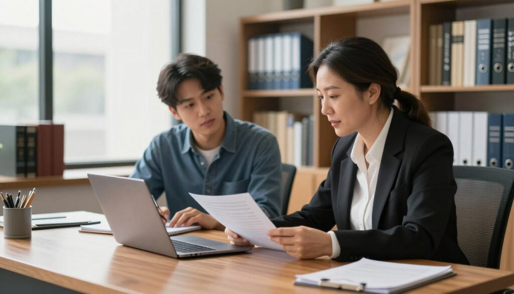 A tax professional consulting with a client in a modern office setting. In the foreground, a middle-aged tax advisor, dressed in professional business attire, sits at a polished wooden desk, reviewing documents on a laptop. The client, a young adult in smart casual clothing, listens attentively, taking notes on a notepad. In the middle ground, shelves filled with tax-related books and files create a sense of organization and expertise. The background features a large window with natural daylight streaming in, casting a warm glow over the room. The atmosphere is focused and professional, emphasizing expert advice and strategic planning. The angle of the shot provides a close perspective of the interaction, highlighting the attentive expressions of both individuals.