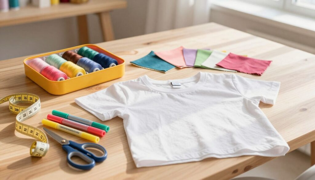 A top-down view of a stylish workspace set up for creating a DIY crop top. In the foreground, a neatly laid out collection of essential materials: a pair of sharp fabric scissors, a measuring tape, colorful fabric markers, and a simple, unadorned t-shirt ready for cutting. In the middle, a vibrant sewing kit with threads in various hues and some fabric swatches arranged artistically. The background features a softly blurred wooden crafting table with natural light streaming in, casting gentle shadows. The atmosphere evokes creativity and inspiration, perfect for a hands-on project, with colors that are bright but soft and inviting, creating a warm, enthusiastic mood.
