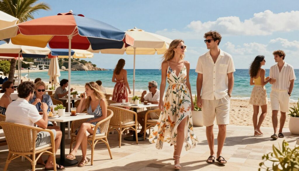 A vibrant European summer resort scene featuring a diverse group of individuals dressed in stylish and modern resort wear. In the foreground, a woman in a lightweight, flowy sundress with a floral pattern, paired with elegant sandals, stands next to a man in tailored linen shorts and a crisp, short-sleeved button-up shirt. In the middle, a café terrace with wicker chairs and colorful umbrellas filled with vacationers enjoying refreshments. The background showcases a stunning beach with turquoise waters and a clear blue sky, along with soft, fluffy clouds. The sunlight bathes the scene in a warm, inviting glow, and the atmosphere exudes relaxation and leisure. Captured with a wide-angle lens to emphasize the lively environment, the image should convey a sense of modern global trends in vacation outfits.