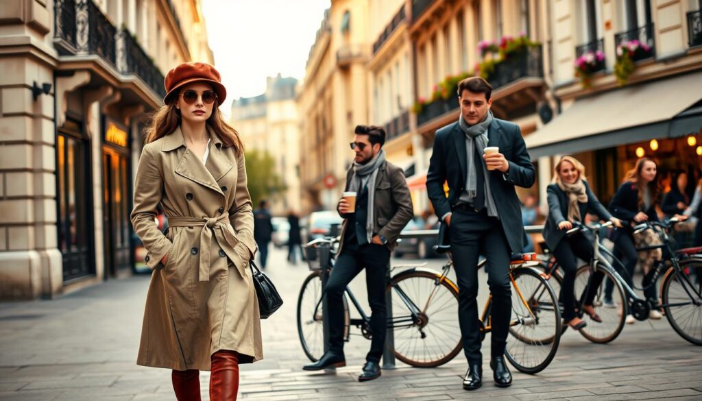 A vibrant Parisian street scene showcasing stylish individuals dressed in chic, modest attire that embodies iconic Parisian street style. In the foreground, a fashionable woman in a tailored trench coat, a classic beret, and ankle boots strolls with confidence, holding a designer handbag. In the middle, a man in a fitted blazer and scarf leans against a café barrier, sipping espresso, while a group of friends bicycles by in trendy ensembles. The background features historic Parisian architecture, with blooming flowers in window boxes and a lively sidewalk café ambiance. Soft, golden-hour lighting bathes the scene in warm tones, enhancing the cozy, sophisticated atmosphere of the Paris streets. Use a shallow depth of field to focus on the stylish individuals while subtly blurring the background.