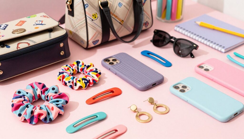 A vibrant and aesthetically pleasing flat lay image showcasing a variety of trendy teen accessories. In the foreground, arrange colorful hair accessories such as scrunchies, barrettes, and statement earrings, artfully placed on a soft pastel background. In the middle ground, include stylish bags with unique patterns, trendy sunglasses, and textured phone cases, all neatly organized to enhance visual appeal. In the background, subtly display soft, blurred shapes of teen-themed items like notebooks or colorful stationery to create depth. The lighting is bright and inviting, mimicking natural sunlight to evoke a cheerful, youthful atmosphere. Use a slight overhead angle for a comprehensive view, ensuring the scene feels welcoming and trendy. This image captures the essence of teen favorites and popular accessories based on user reviews.