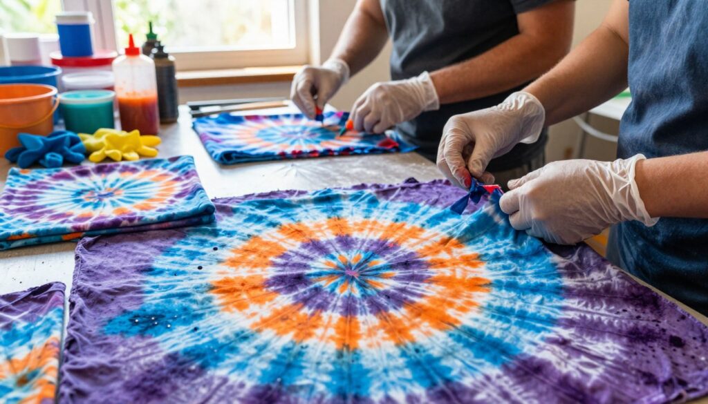 A vibrant and artistic scene showcasing the revival of old clothes through tie-dye techniques. In the foreground, a collection of fabric pieces in various stages of tie-dye, featuring swirling patterns of bright blues, oranges, and purples, with splatters of dye creating a lively effect. The middle layer displays hands carefully working with the fabrics, wearing gloves, and using various tools like squeeze bottles and rubber bands, emphasizing the creative process. In the background, a sunlit room filled with supplies: dye containers, rubber gloves, and buckets, illuminated by soft natural light coming through a window, creating an inviting and cheerful atmosphere. The overall mood is one of exploration and creativity, perfect for introducing the colorful world of tie-dye.