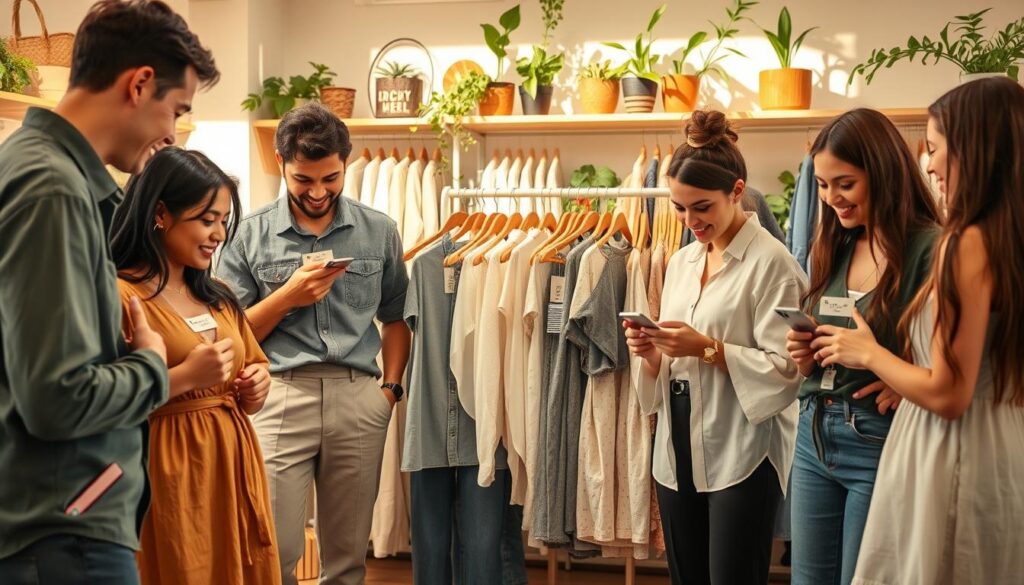 A vibrant and engaging scene illustrating consumer tips for choosing sustainable clothing. In the foreground, a diverse group of individuals, dressed in stylish yet modest eco-friendly outfits made from organic materials, are examining labels on clothing items. The middle ground features a well-organized display of sustainable clothing options, emphasizing natural fibers like cotton and linen. Incorporate tags highlighting eco-friendly attributes like "recycled materials" and "fair trade." The background is a cozy boutique environment with warm natural lighting, soft shadows, and greenery subtly incorporated into the décor, creating an inviting atmosphere. The composition should inspire a sense of community and awareness around sustainable fashion choices, showcasing the joy of shopping responsibly for the planet.