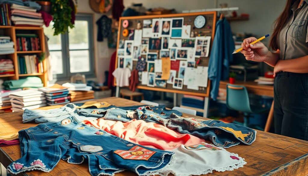 A vibrant and inviting workspace filled with colorful fabrics and sewing materials, showcasing creative clothing transformation ideas. In the foreground, a beautifully arranged collection of upcycled garments lies on a vintage wooden table, featuring patches, embellishments, and unique cuts. In the middle ground, a mood board displays various fabric swatches and inspirational images pinned with colorful pushpins, nearly bursting with possibilities. In the background, soft natural light streams through a window, casting a warm glow over the scene. A pair of hands, dressed in casual, modest attire, is seen sketching design ideas with a pencil. The atmosphere is one of creativity and excitement, inviting viewers to explore the potential of old clothes.