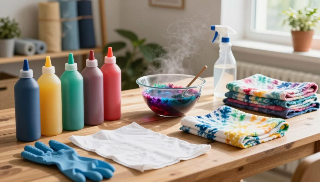 A vibrant and organized workspace showcasing essential tools and materials for tie-dye. In the foreground, a wooden table is adorned with colorful dye bottles in various shades, rubber gloves, and swatches of prepped white cotton fabric. The middle section features a mixing bowl with vibrant dye being prepared, along with folded towels and a spray bottle for misting. The background displays a well-lit room with natural sunlight filtering through a window, casting soft shadows, and hints of plants or fabric rolls on shelves. The mood is creative and inviting, inspiring the viewer to dive into the art of tie-dye with excitement and anticipation.