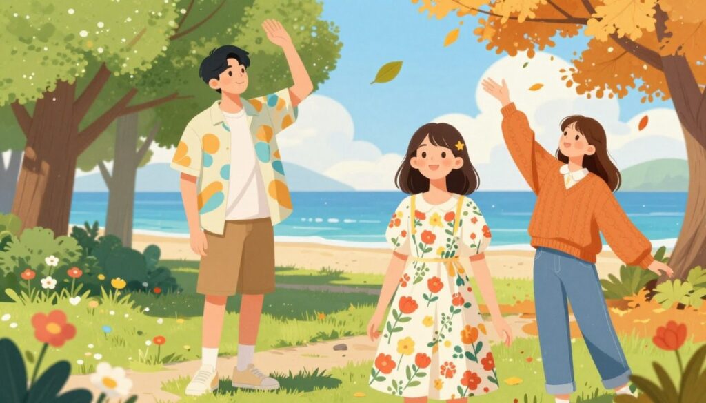 A vibrant and stylish illustration featuring three teenagers showcasing seasonal fashion inspirations for spring, summer, and fall. In the foreground, a young girl in a floral spring dress stands confidently, surrounded by blooming flowers. The middle layer captures a boy in a trendy summer outfit with a light, colorful shirt and shorts, enjoying the sun-drenched park setting. Nearby, a girl in a cozy fall sweater and jeans is playfully tossing leaves in the air. The background showcases lush greenery for spring, a sunny beach scene for summer, and warm autumn colors from falling leaves. The lighting is bright and cheerful, creating an uplifting, youthful atmosphere. Capture the scene with a slight depth of field, emphasizing the stylish outfits while softly blurring the background, making the subjects pop. A vibrant and stylish illustration featuring three teenagers showcasing seasonal fashion inspirations for spring, summer, and fall. In the foreground, a young girl in a floral spring dress stands confidently, surrounded by blooming flowers. The middle layer captures a boy in a trendy summer outfit with a light, colorful shirt and shorts, enjoying the sun-drenched park setting. Nearby, a girl in a cozy fall sweater and jeans is playfully tossing leaves in the air. The background showcases lush greenery for spring, a sunny beach scene for summer, and warm autumn colors from falling leaves. The lighting is bright and cheerful, creating an uplifting, youthful atmosphere. Capture the scene with a slight depth of field, emphasizing the stylish outfits while softly blurring the background, making the subjects pop.