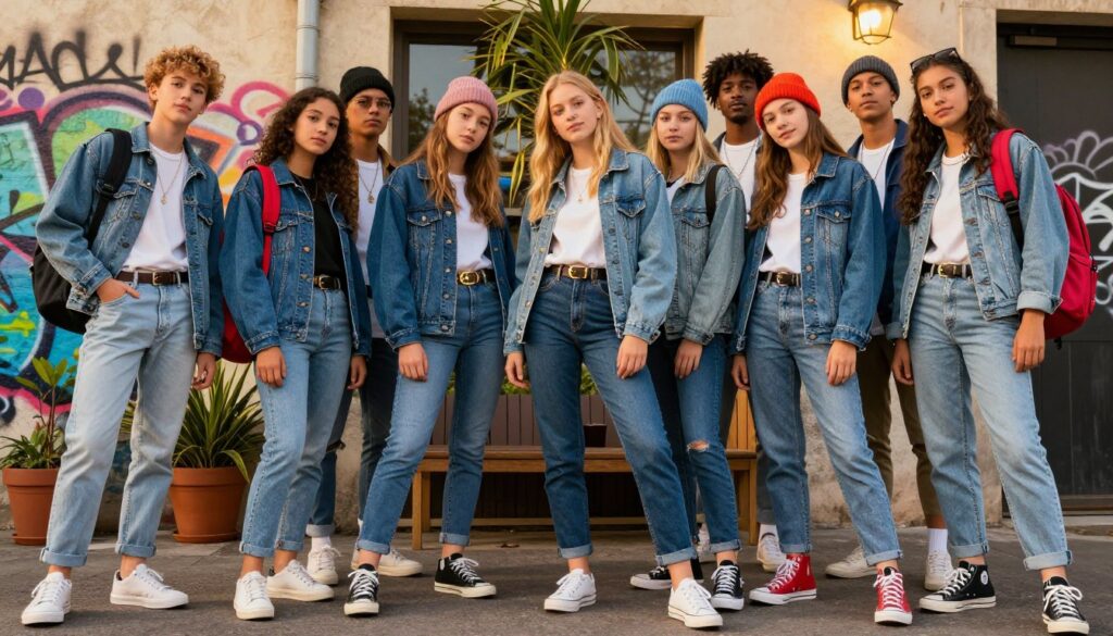 A vibrant and stylish scene showcasing trendy teen outfits featuring various combinations of jeans and accessories. In the foreground, a diverse group of teenagers, wearing fashionable oversized denim jackets, skinny jeans, and chic sneakers, confidently pose together. Each teen showcases unique accessories like statement belts, beanies, and colorful backpacks, highlighting their personal styles. In the middle, a cozy urban setting with a graffiti wall adds an edgy vibe, while some potted plants provide a touch of greenery. The lighting is warm and inviting, suggesting a late afternoon sun, creating a soft golden glow. The angle captures the group from a slight low perspective, emphasizing their youthful energy and creativity. Overall, the mood is fun, casual, and expressive, perfectly reflecting contemporary teen fashion trends. A vibrant and stylish scene showcasing trendy teen outfits featuring various combinations of jeans and accessories. In the foreground, a diverse group of teenagers, wearing fashionable oversized denim jackets, skinny jeans, and chic sneakers, confidently pose together. Each teen showcases unique accessories like statement belts, beanies, and colorful backpacks, highlighting their personal styles. In the middle, a cozy urban setting with a graffiti wall adds an edgy vibe, while some potted plants provide a touch of greenery. The lighting is warm and inviting, suggesting a late afternoon sun, creating a soft golden glow. The angle captures the group from a slight low perspective, emphasizing their youthful energy and creativity. Overall, the mood is fun, casual, and expressive, perfectly reflecting contemporary teen fashion trends.