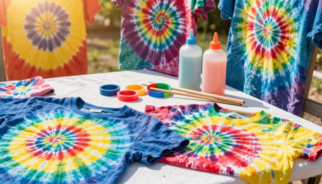 A vibrant array of creative tie-dye patterns and techniques displayed artistically across a variety of old clothes. In the foreground, several garments like T-shirts and scarves exhibit radiant spirals, bullseyes, and ombre effects in vivid hues of blue, red, yellow, and green, showing intricate details of the dye application. The middle ground features dyeing tools like rubber bands, wooden sticks, and squeeze bottles artistically arranged, highlighting the creative process. In the background, a softly blurred outdoor setting suggests a sunny day, enhancing the cheerful atmosphere. The lighting is bright and warm, casting gentle shadows that accentuate the textures of the fabric. The overall mood is playful and inspiring, inviting viewers to explore tie-dyeing as a fun and artistic endeavor.