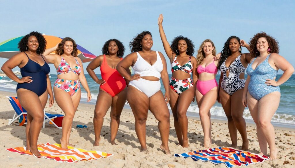 A vibrant beach scene showcasing a diverse group of plus-size models confidently wearing trendy swimwear designs. In the foreground, the models, featuring a variety of skin tones and hairstyles, strike joyful poses that celebrate their curves. Each swimsuit is stylish, incorporating bright colors and contemporary patterns. In the middle ground, colorful beach umbrellas and comfortable beach towels create a welcoming atmosphere. The background features gentle waves lapping at the shore under a clear blue sky, suggesting a warm sunny day. The lighting is bright and natural, highlighting the models' radiant expressions and the textures of the swimwear. The mood is uplifting and empowering, conveying a message of confidence and body positivity.