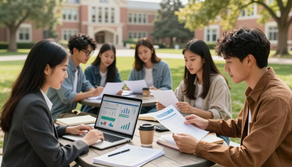 A vibrant college campus scene depicting a diverse group of students engaged in discussions about personal finance. In the foreground, a young woman in professional attire examines a laptop screen filled with charts and budgets, while a young man beside her reviews a financial aid document. The middle layer features a mix of students sitting around a picnic table with books, calculators, and coffee cups, emphasizing collaborative learning. The background shows a beautiful campus with academic buildings and trees under soft, natural sunlight, creating a warm and inviting atmosphere. The overall mood is one of focus and optimism, capturing the essence of students navigating their financial landscape as they embark on their college journey. A vibrant college campus scene depicting a diverse group of students engaged in discussions about personal finance. In the foreground, a young woman in professional attire examines a laptop screen filled with charts and budgets, while a young man beside her reviews a financial aid document. The middle layer features a mix of students sitting around a picnic table with books, calculators, and coffee cups, emphasizing collaborative learning. The background shows a beautiful campus with academic buildings and trees under soft, natural sunlight, creating a warm and inviting atmosphere. The overall mood is one of focus and optimism, capturing the essence of students navigating their financial landscape as they embark on their college journey.