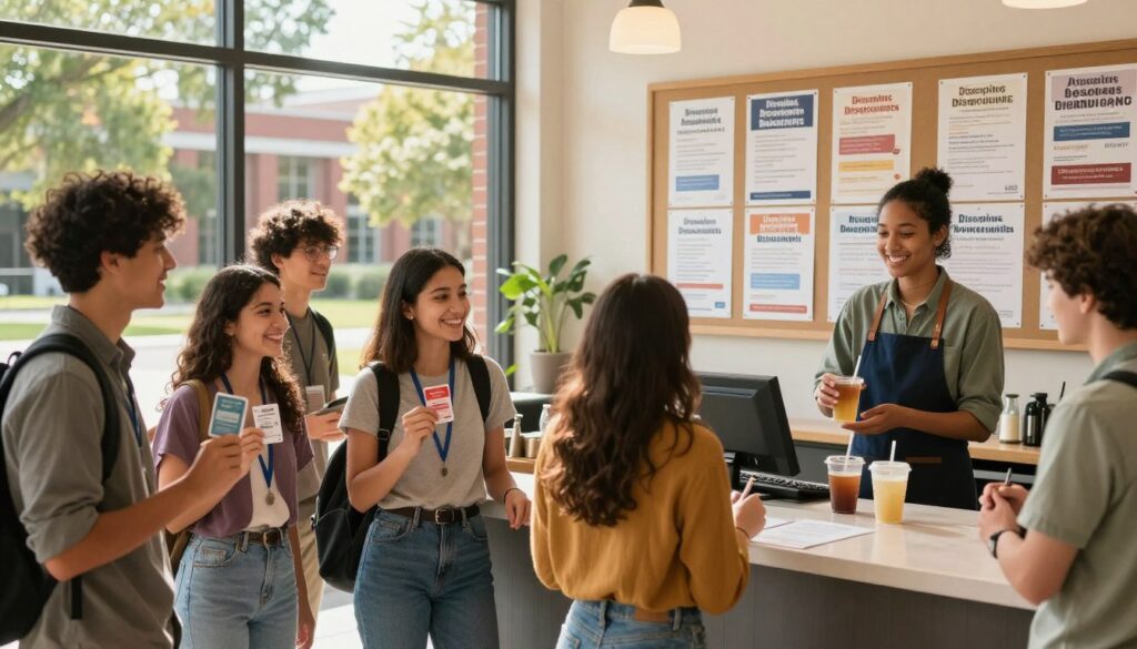 A vibrant college campus scene depicting students actively utilizing various discounts. In the foreground, a diverse group of students in casual, modest attire are enthusiastically showing off their student ID cards at a café counter, while a barista prepares drinks, smiling. The middle ground features a bulletin board overflowing with flyers that advertise student discounts for local businesses, bookstores, and services. In the background, a sunny day with trees and architectural features of the campus creates an inviting atmosphere. Soft natural light casts warm tones on the scene, enhancing a sense of community and opportunity. The overall mood is energetic and optimistic, highlighting the theme of maximizing savings as a college student. A vibrant college campus scene depicting students actively utilizing various discounts. In the foreground, a diverse group of students in casual, modest attire are enthusiastically showing off their student ID cards at a café counter, while a barista prepares drinks, smiling. The middle ground features a bulletin board overflowing with flyers that advertise student discounts for local businesses, bookstores, and services. In the background, a sunny day with trees and architectural features of the campus creates an inviting atmosphere. Soft natural light casts warm tones on the scene, enhancing a sense of community and opportunity. The overall mood is energetic and optimistic, highlighting the theme of maximizing savings as a college student.