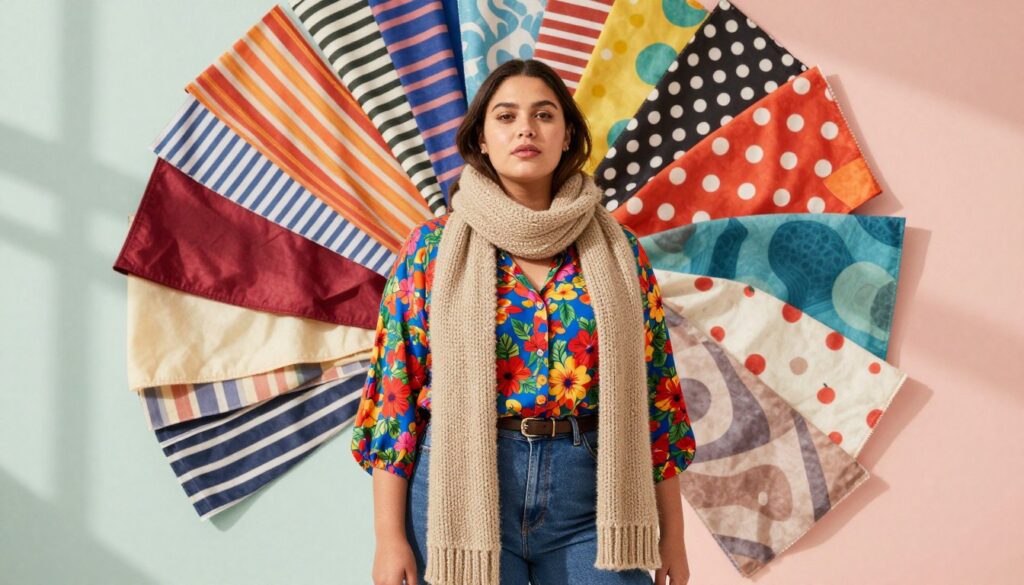 A vibrant composition showcasing the harmonious blending of colors, patterns, and textures. In the foreground, a professional model dressed in stylish yet modest casual attire stands confidently, wearing a mix of bright floral patterns with textured accessories like a chunky knit scarf. The middle layer features a swirl of colorful fabric swatches, including stripes, polka dots, and abstract prints, radiating outward around the model, symbolizing creativity and individuality. The background is softly blurred with pastel colors, creating a warm and inviting atmosphere. Soft, natural lighting enhances the colors and textures, casting gentle shadows. The overall mood is uplifting and inspiring, reflecting a celebration of body positivity and diverse fashion expressions. A vibrant composition showcasing the harmonious blending of colors, patterns, and textures. In the foreground, a professional model dressed in stylish yet modest casual attire stands confidently, wearing a mix of bright floral patterns with textured accessories like a chunky knit scarf. The middle layer features a swirl of colorful fabric swatches, including stripes, polka dots, and abstract prints, radiating outward around the model, symbolizing creativity and individuality. The background is softly blurred with pastel colors, creating a warm and inviting atmosphere. Soft, natural lighting enhances the colors and textures, casting gentle shadows. The overall mood is uplifting and inspiring, reflecting a celebration of body positivity and diverse fashion expressions.