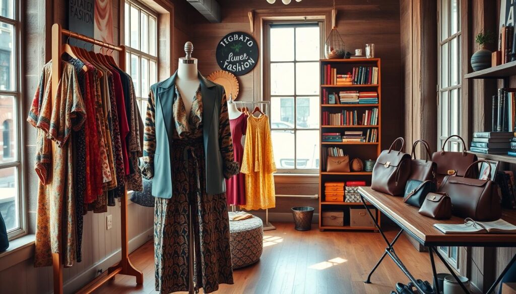 A vibrant, cozy boutique displaying a curated selection of secondhand and rental fashion options. In the foreground, a stylish mannequin dressed in a chic, sustainable outfit—think eco-friendly fabrics and unique patterns. To the left, a wooden rack showcasing colorful vintage clothing, including dresses and jackets, while the right side features elegant handbags and accessories displayed on a stylish table. The middle ground captures a warm, welcoming atmosphere with soft, natural lighting filtering through large windows, accentuating the textures of the fabrics. In the background, a rustic wooden shelf filled with books on sustainable fashion. The overall mood is inviting and trendy, perfect for eco-conscious fashion enthusiasts.