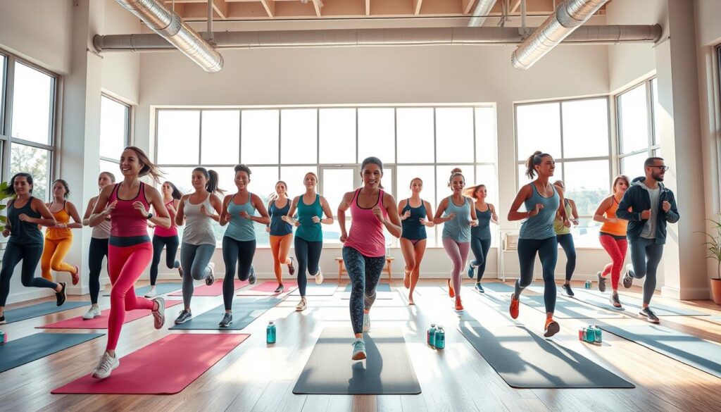 A vibrant display of niche yoga and running activewear in a stylish studio setting. In the foreground, a diverse group of individuals, dressed in modern, color-coordinated activewear—yoga leggings, tank tops, and lightweight running jackets—are in various dynamic poses, such as stretching and running. The middle ground features yoga mats and hydration bottles, indicating an active lifestyle. The background showcases large windows allowing natural light to flood the space, casting soft shadows that enhance the serene atmosphere. Use a wide-angle lens to capture the entire scene, emphasizing movement and energy, while maintaining a vibrant, upbeat mood that conveys the excitement of pursuing fitness in stylish gear.