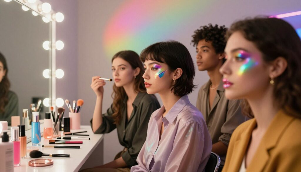 A vibrant display of shifting beauty aesthetics in a modern setting. In the foreground, a diverse group of three individuals showcasing innovative makeup trends: one with iridescent face paint reflecting shifting colors, another with geometric eyeliner, and the third sporting holographic lip gloss. They wear smart, fashionable attire that blends contemporary styles with artistic flair. In the middle ground, a softly illuminated vanity with an array of beauty products and tools, showcasing futuristic designs and colors. The background features a sleek, modern beauty studio with warm, ambient lighting, enhanced by a subtle rainbow glow that hints at the future of beauty. The atmosphere is inviting and aspirational, presenting a blend of creativity and sophistication, evoking curiosity about upcoming trends.
