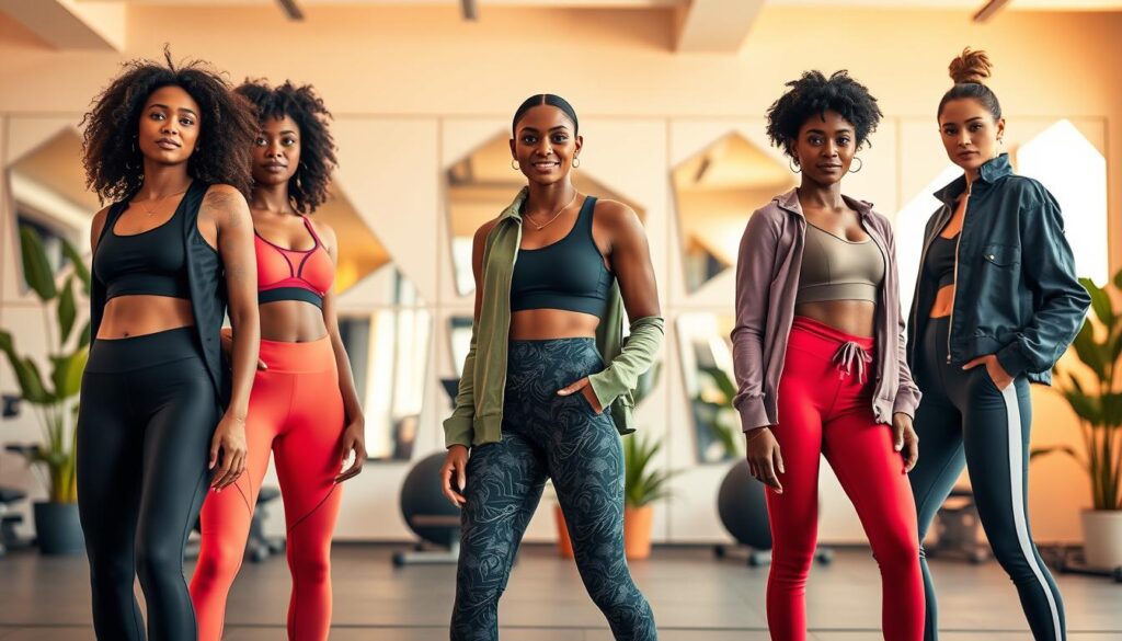 A vibrant, dynamic scene showcasing an array of innovative athleisure outfits for women. In the foreground, three diverse women are modeling cutting-edge athleisure looks, featuring stylish leggings, sleek sports bras, and fashionable outer layers that seamlessly blend functionality with modern aesthetics. The middle ground showcases a well-lit, minimalist gym environment, accentuated by exercise equipment and natural plants, emphasizing versatility and fitness. In the background, soft, warm lighting highlights geometric mirrors, creating a sense of depth and energy. The overall mood is uplifting and motivational, promoting an active lifestyle while showcasing the latest trends in athleisure. Use a wide-angle lens to capture the full scene, with a focus on the vibrant colors and textures of the clothing.