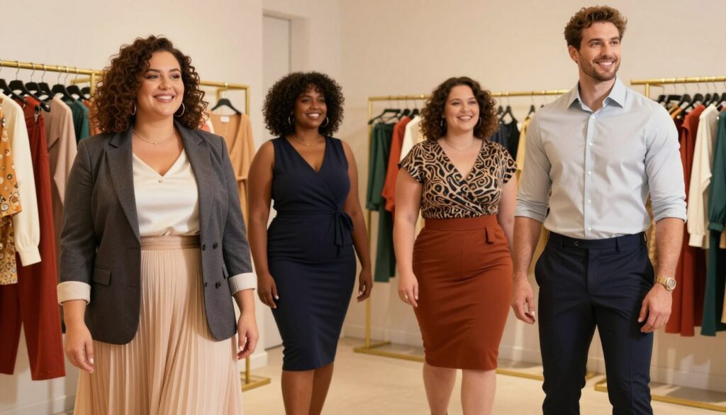 A vibrant fashion scene showcasing diverse individuals confidently dressing for their unique body types. In the foreground, a curvy woman in a well-tailored blazer paired with a flowing skirt, and a tall, athletic man in a fitted shirt and smart trousers, both exuding a sense of empowerment. In the middle ground, a variety of outfits that highlight different body shapes: A pear-shaped individual in a cinched waist dress, and an apple-shaped figure wearing a stylish wrap top. The background features a chic boutique setting with colorful clothing racks. Warm, soft lighting creates an inviting atmosphere, while the angle captures the allure of fashion. The overall mood is positive and uplifting, celebrating body positivity and personal style without any text or distractions. A vibrant fashion scene showcasing diverse individuals confidently dressing for their unique body types. In the foreground, a curvy woman in a well-tailored blazer paired with a flowing skirt, and a tall, athletic man in a fitted shirt and smart trousers, both exuding a sense of empowerment. In the middle ground, a variety of outfits that highlight different body shapes: A pear-shaped individual in a cinched waist dress, and an apple-shaped figure wearing a stylish wrap top. The background features a chic boutique setting with colorful clothing racks. Warm, soft lighting creates an inviting atmosphere, while the angle captures the allure of fashion. The overall mood is positive and uplifting, celebrating body positivity and personal style without any text or distractions.