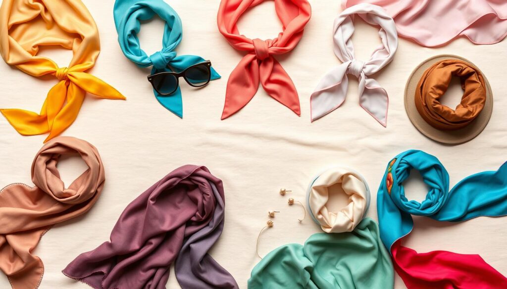 A vibrant flat lay showcasing diverse scarf styling options for various occasions. In the foreground, feature a collection of silk scarves in different colors and patterns, neatly arranged with styled examples like classic neck knots, chic hair wraps, and elegant belt loops. In the middle, subtle hints of fashion accessories such as sunglasses, earrings, and hats complement the scarves, adding a touch of personal flair. The background should be a soft, neutral fabric that enhances the colors of the scarves without distraction. Bright, even lighting casts gentle shadows to create depth, emphasizing the textures of the silk. Overall, maintain a cheerful and inviting atmosphere, inspiring creativity and elegance in styling. A vibrant flat lay showcasing diverse scarf styling options for various occasions. In the foreground, feature a collection of silk scarves in different colors and patterns, neatly arranged with styled examples like classic neck knots, chic hair wraps, and elegant belt loops. In the middle, subtle hints of fashion accessories such as sunglasses, earrings, and hats complement the scarves, adding a touch of personal flair. The background should be a soft, neutral fabric that enhances the colors of the scarves without distraction. Bright, even lighting casts gentle shadows to create depth, emphasizing the textures of the silk. Overall, maintain a cheerful and inviting atmosphere, inspiring creativity and elegance in styling.