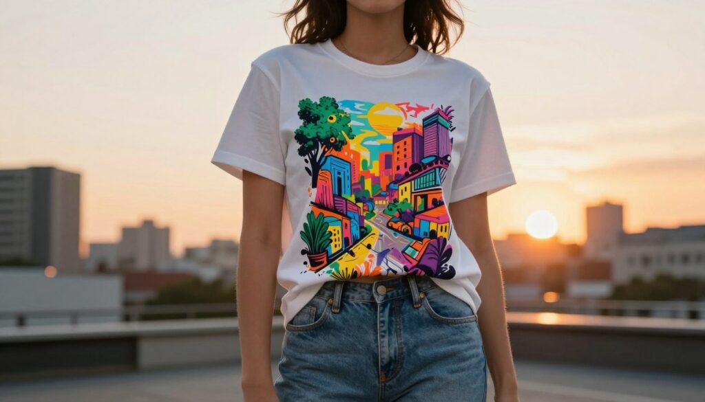 A vibrant graphic tee design displayed prominently in the foreground, featuring a colorful, abstract illustration inspired by urban street art, blending elements of nature and city life. The middle ground showcases a model wearing the tee styled casually with jeans, exuding a relaxed yet fashionable vibe. The background features a soft-focus cityscape at sunset with warm golden light illuminating the scene, creating a lively atmosphere. The composition is shot from a slightly low angle, emphasizing the tee's design while capturing the model's confident pose. The scene radiates a youthful, dynamic mood, evoking the spirit of creativity and self-expression that graphic tees embody, perfect for diverse outfits and occasions.