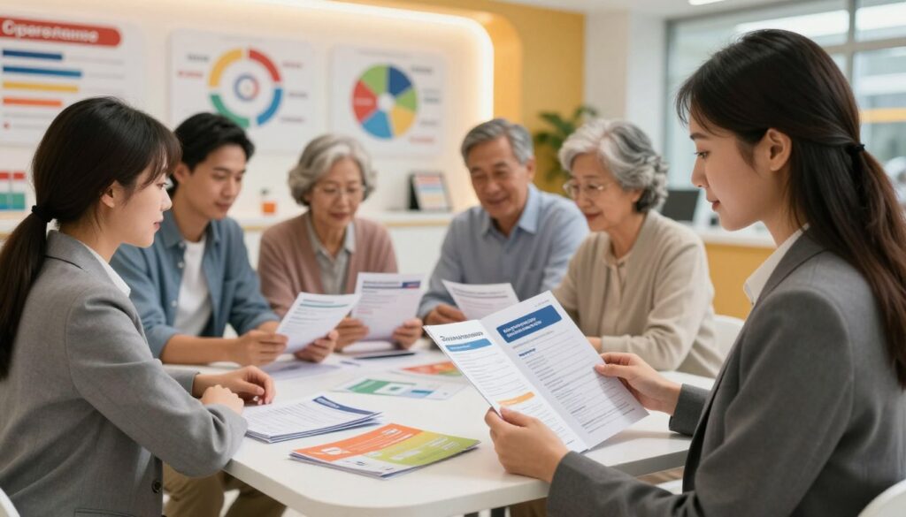 A vibrant health insurance marketplace scene showcasing various insurance options. In the foreground, a professional businesswoman in smart attire reviews a brochure, surrounded by colorful pamphlets representing different health insurance plans. In the middle ground, diverse individuals, including a young couple and an elderly couple, engage in discussion while reviewing their options at a sleek, modern table. The background features an engaging display with charts and infographics comparing coverage benefits, illuminated by soft, warm lighting that creates a welcoming atmosphere. The lens captures the scene from a slightly elevated angle, emphasizing collaboration and decision-making. The overall mood is informative and optimistic, highlighting the empowerment of making informed choices in health insurance. A vibrant health insurance marketplace scene showcasing various insurance options. In the foreground, a professional businesswoman in smart attire reviews a brochure, surrounded by colorful pamphlets representing different health insurance plans. In the middle ground, diverse individuals, including a young couple and an elderly couple, engage in discussion while reviewing their options at a sleek, modern table. The background features an engaging display with charts and infographics comparing coverage benefits, illuminated by soft, warm lighting that creates a welcoming atmosphere. The lens captures the scene from a slightly elevated angle, emphasizing collaboration and decision-making. The overall mood is informative and optimistic, highlighting the empowerment of making informed choices in health insurance.