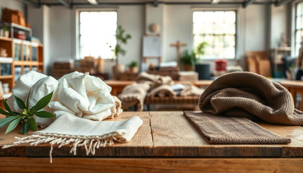 A vibrant, informative scene comparing natural fibers and synthetic options in a visually engaging manner. In the foreground, a detailed display of various fabrics: soft cotton, lush bamboo, and rugged hemp on one side, and sleek polyester, nylon, and acrylic on the other. In the middle ground, a textured wooden table showcases swatches of each fiber, inviting viewers to explore texture and sustainability. The background features a softly lit workshop or studio environment with natural light pouring in through large windows, highlighting the eco-friendly theme. Ideally shot from a slightly elevated angle to capture depth, the atmosphere feels educational yet approachable, emphasizing the contrast between the organic textures of natural fibers and the smooth finish of synthetic materials, with a harmonious and balanced color palette.